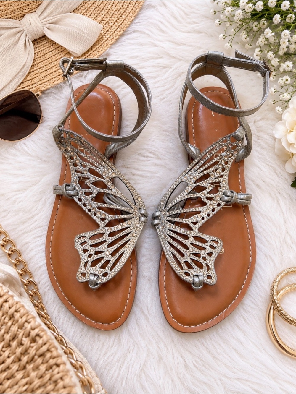 Flutter Metallic Rhinestone Butterfly Sandals